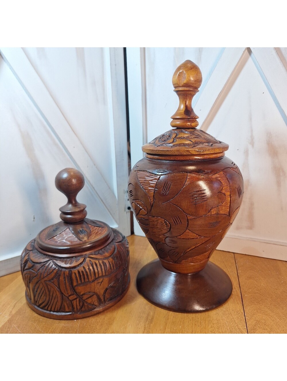 2 Hand-Carved Wooden Trinket Sphere Indigenous Art pieces w/Lids Vintage